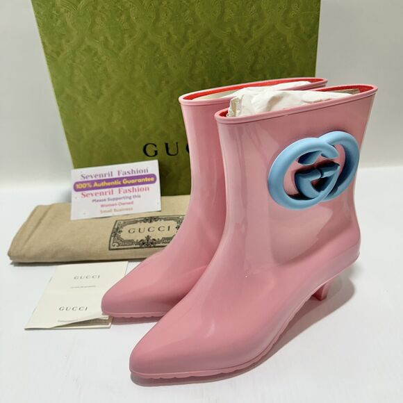 Gucci Interlocking G Size 37/ US 7 Ankle Rubber Rain Boots Pink Blue NIB - Picture 6 of 15